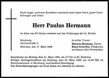 Todesanzeige Paulus Hermann, *21.01.1905 †17.03.1988