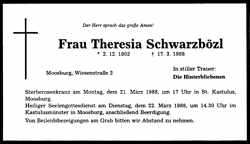 Todesanzeige Theresia Schwarzbzl, *02.12.1902 †17.03.1988