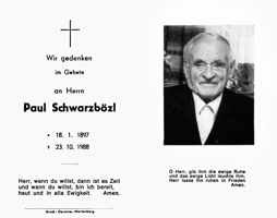Sterbebildchen Paul Schwarzbzl, *18.01.1897 †23.10.1988