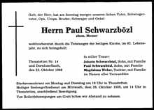 Todesanzeige Paul Schwarzbzl, *18.01.1897 †23.10.1988