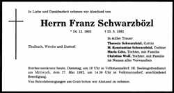 Todesanzeige Franz Schwarzbzl, *24.12.1902 †25.05.1992