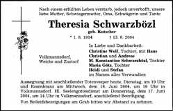 Todesanzeige Theresia Schwarzbzl *01.08.1914 †13.06.2004