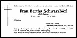 Todesanzeige Bertha Schwarzbözl, *08.06.1907 †03.02.1997