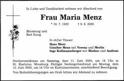 Todesanzeige Maria Menz *16.07.1922 †09.06.2005