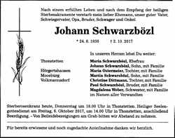 Todesanzeige Johann Schwarzbzl, *24.06.1936 †02.10.2017