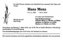 Todesanzeige Hans Menz *14.11.1923 †20.02.2016