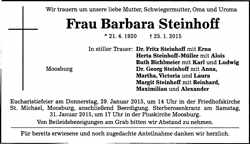 Todesanzeige Barbara Steinhoff *21.04.1920 †25.01.2015