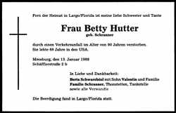 Todesanzeige Betty Hutter, *1900 †Jan. 1989