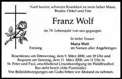 Todesanzeige Franz Wolf, *23.08.1922 †20.02.2000