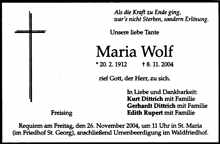 Todesanzeige Maria Wolf *20.02.1912 †08.11.2004