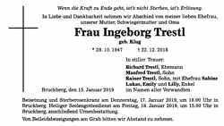 Todesanzeige Ingeborg Trestl, *28.10.1947 †22.12.2018