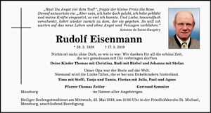 Todesanzeige Rudi Eisenmann, *28.02.1939 †17.05.2019