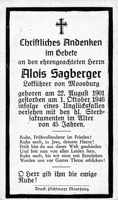 Sterbebildchen Alois Sagberger, *22.08.1901 †01.10.1946
