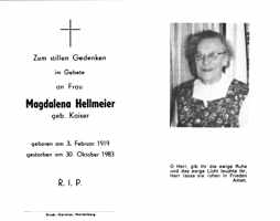 Sterbebildchen Magdalena Hellmeier, *03.02.1919 †30.10.1983