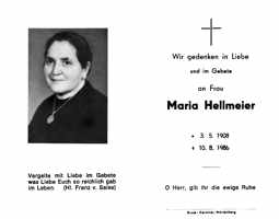 Sterbebildchen Maria Hellmeier, *03.05.1908 †10.08.1986