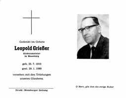 Sterbebildchen Leopold Grieer, *25.07.1910 †29.01.1980