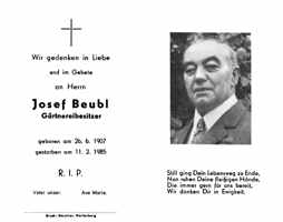 Sterbebildchen Josef Beubl, *26.06.1907 †11.02.1985