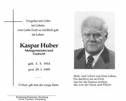 Sterbebildchen Kaspar Huber, *03.05.1914 †29.01.1999