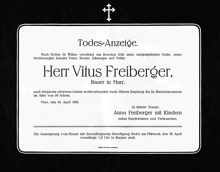 Todesanzeige Vitus Freiberger, *1874 †23.04.1933