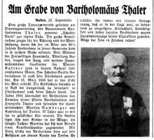 Nachruf Bartholomus Thaler, *11.03.1850 †20.09.1938