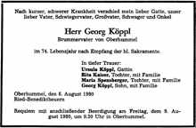 Todesanzeige Georg Kppl, *10.02.1907 †06.08.1980