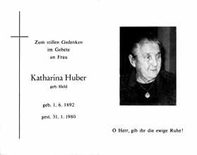 Sterbebildchen Katharina Huber, *01.06.1892 †31.01.1980