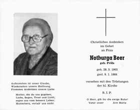 Sterbebildchen Notburga Beer, *28.05.1903 †09.01.1984
