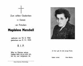 Sterbebildchen Magdalena Marschall, *10.04.1924 †09.11.1979