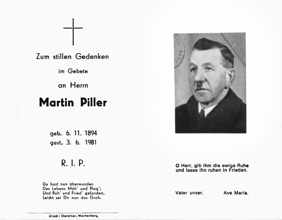Sterbebildchen Martin Piller, *06.11.1894 †03.06.1981