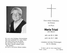 Sterbebildchen Maria Tristl, *28.06.1905 †18.07.1981