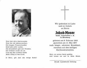 Sterbebildchen Jakob Moser, *08.02.1916 †11.05.1977
