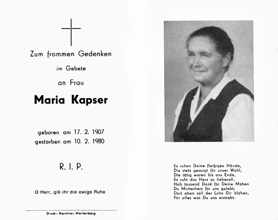 Sterbebildchen Maria Kapser, *17.02.1907 †10.02.1980