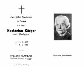 Sterbebildchen Katharina Krger, *24.11.1895 †04.06.1981