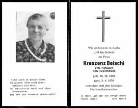 Sterbebildchen Kreszenz Beischl, *28.10.1895 †05.04.1979