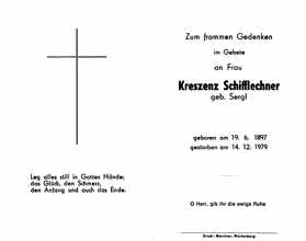 Sterbebildchen Kreszenz Schifflechner, *19.06.1897 †14.12.1979