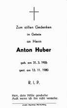 Sterbebildchen Anton Huber, *31.03.1906 †13.11.1980