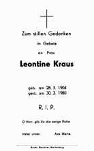 Sterbebildchen Leontine Kraus, *28.03.1904 †30.03.1980