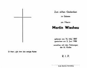 Sterbebildchen Martin Wiesheu, *15.05.1897 †02.06.1984
