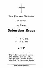Sterbebildchen Sebastian Kraus, *04.01.1911 †06.08.1981