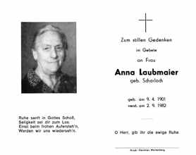 Sterbebildchen Anna Laubmaier, *09.04.1901 †02.09.1982