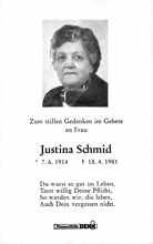 Sterbebildchen Justina Schmid, *07.06.1914 †18.04.1981