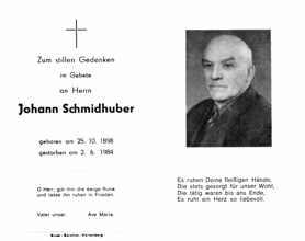 Sterbebildchen Johann Schmidhuber, *25.10.1898 †02.06.1984
