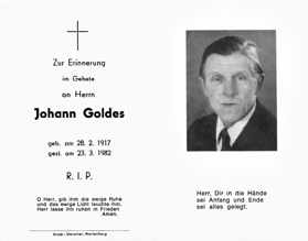 Sterbebildchen Johann Goldes, *28.02.1917 †23.03.1982