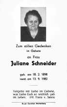 Sterbebildchen Juliane Schneider, *18.02.1898 †13.09.1982