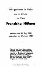 Sterbebildchen Franziska Hbner, *30.06.1901 †29.05.1982