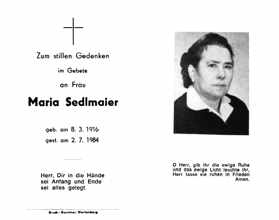 Sterbebildchen Maria Sedlmaier, *08.03.1916 †02.07.1984