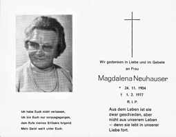 Sterbebildchen Magdalena Neuhauser, *24.11.1904 †01.02.1977