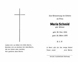 Sterbebildchen Maria Schmid, *28.12.1910 †20.03.1976