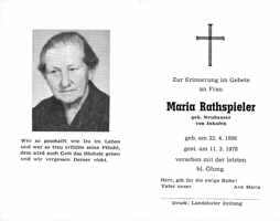 Sterbebildchen Maria Rathspieler, *22.04.1896 †11.03.1978