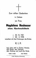 Sterbebildchen Magdalena Neuhauser, *30.12.1901 †20.02.1978